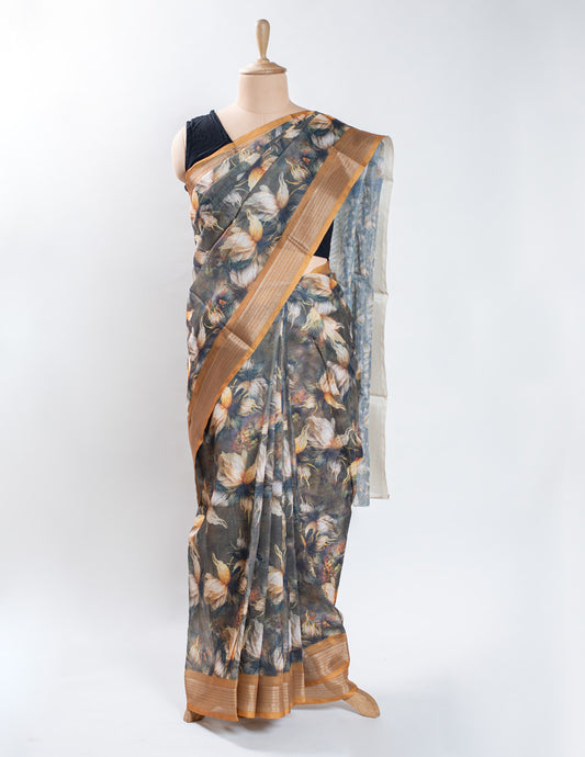 Olive Floral Linen Digital Print Saree