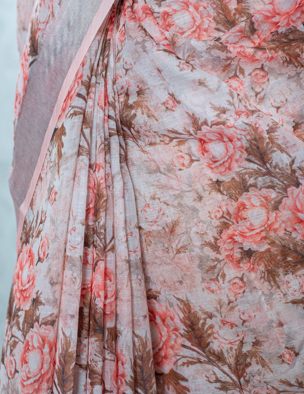 Pink Floral Linen Digital Print Saree