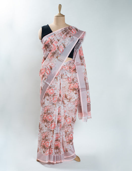 Pink Floral Linen Digital Print Saree