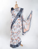 White Floral Linen Digital Print Saree