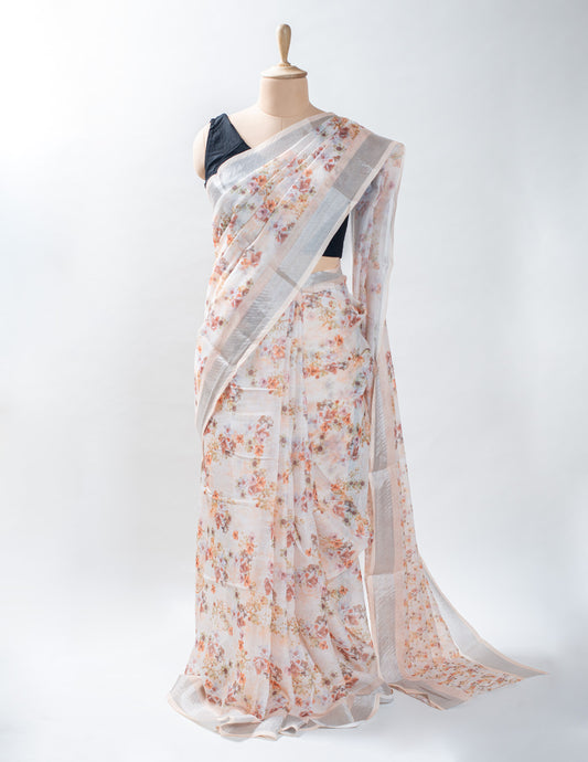 White Floral Linen Digital Print Saree