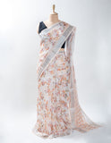 White Floral Linen Digital Print Saree