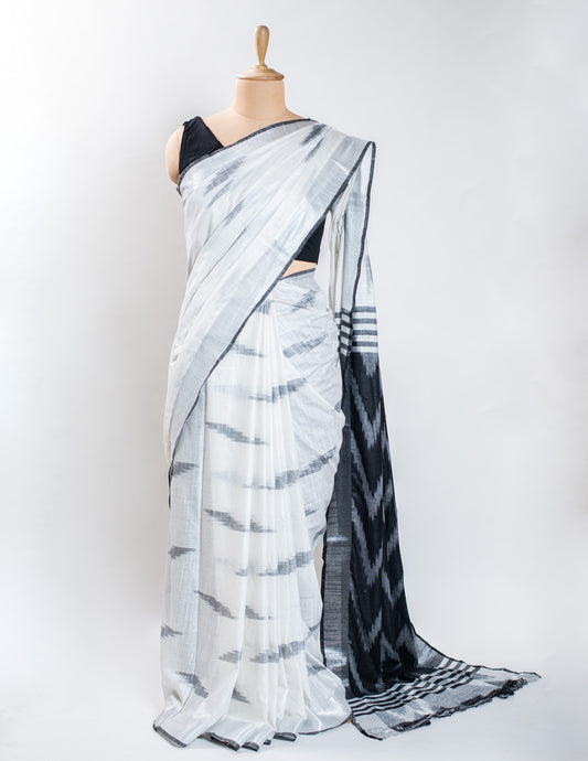 White Ikkat Linen Handloom Saree