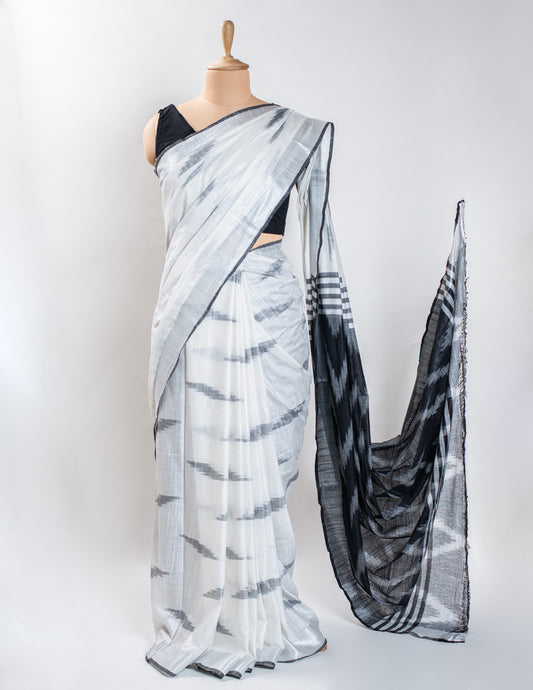 White Ikkat Linen Handloom Saree