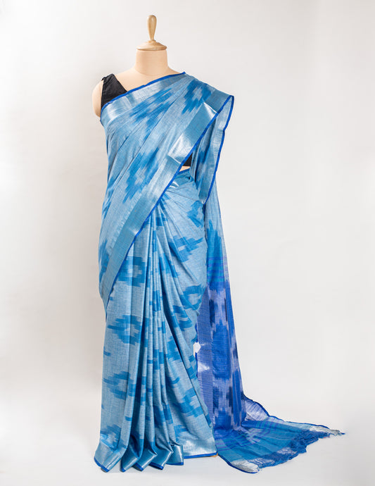 Blue Ikkat Linen Handloom Saree