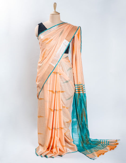 Peach & Green Ikkat Linen Handloom Saree