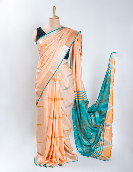 Peach & Green Ikkat Linen Handloom Saree