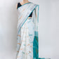 White & Green Ikkat Linen Handloom Saree