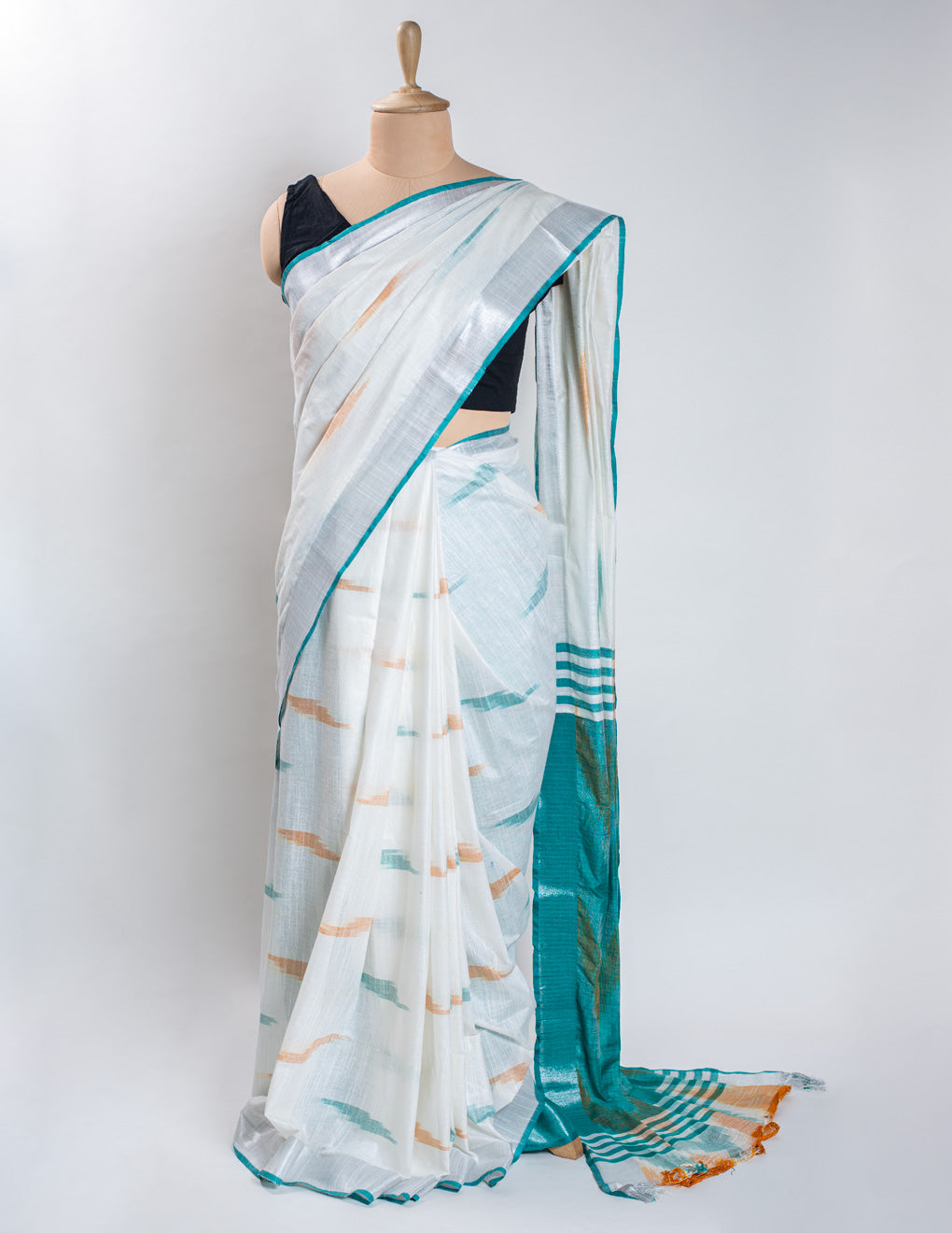 White & Green Ikkat Linen Handloom Saree