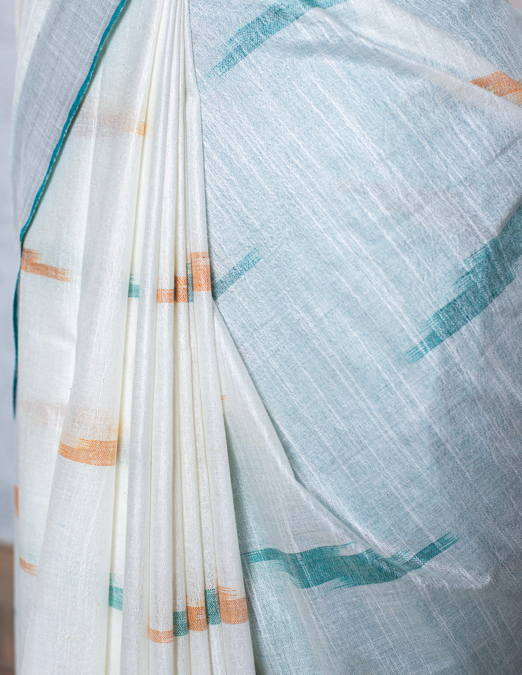 White & Green Ikkat Linen Handloom Saree