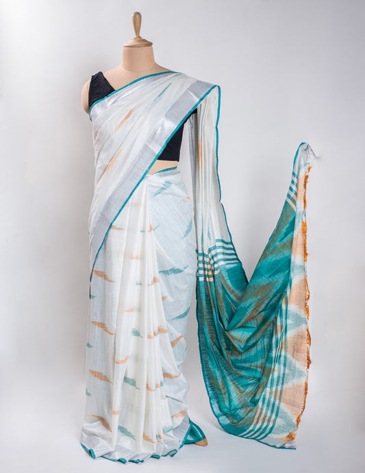 White & Green Ikkat Linen Handloom Saree