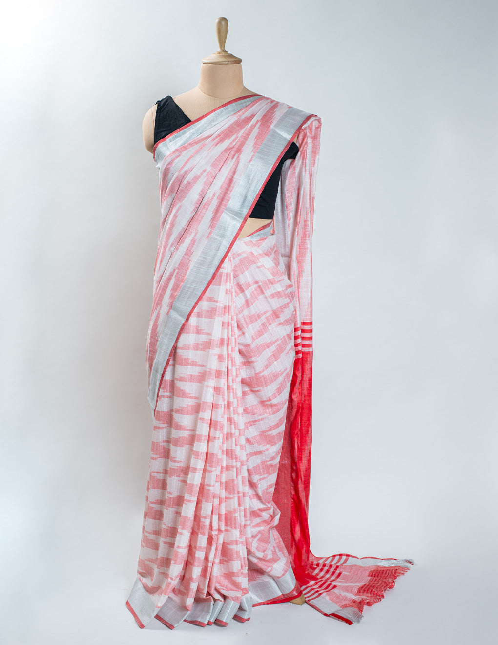 White & Red Ikkat Linen Handloom Saree