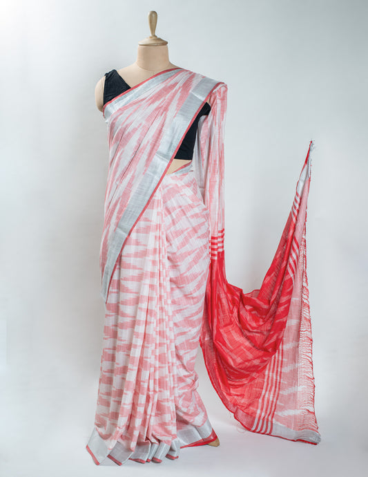 White & Red Ikkat Linen Handloom Saree