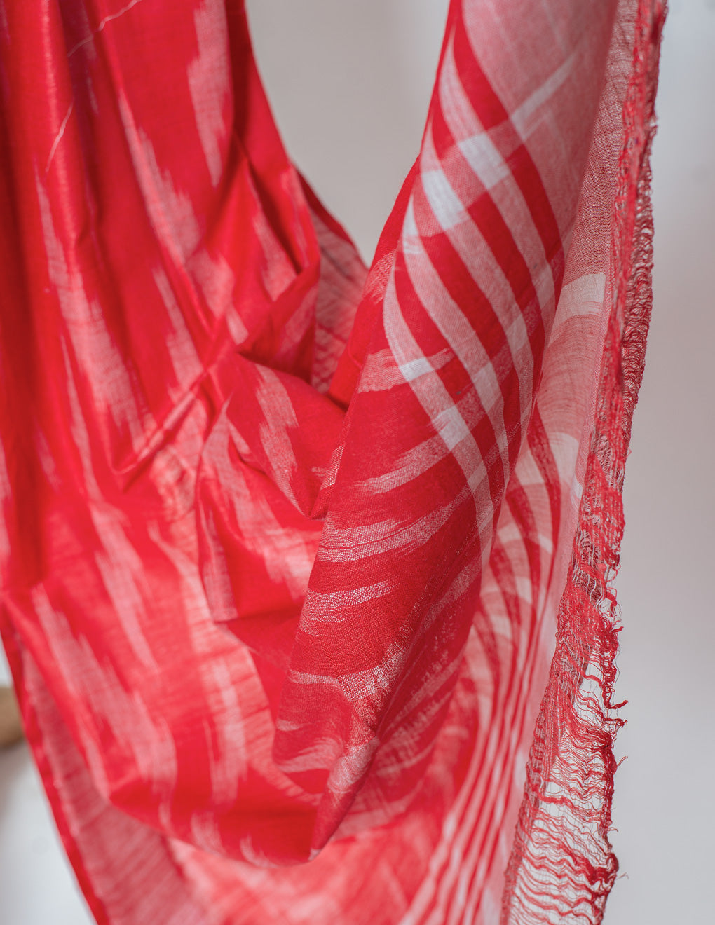 White & Red Ikkat Linen Handloom Saree