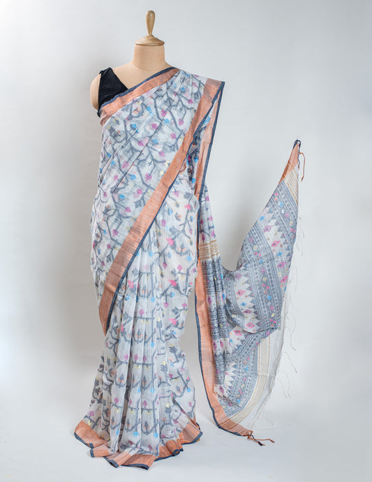 White Handloom Linen Jamdani Saree
