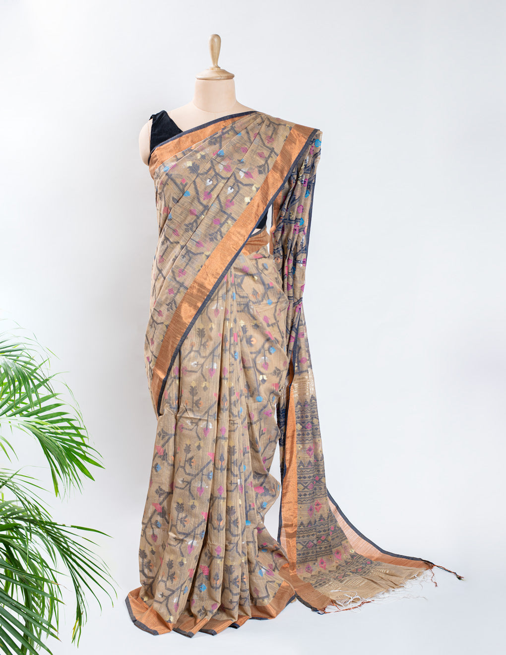 Beige Handloom Linen Jamdani Saree