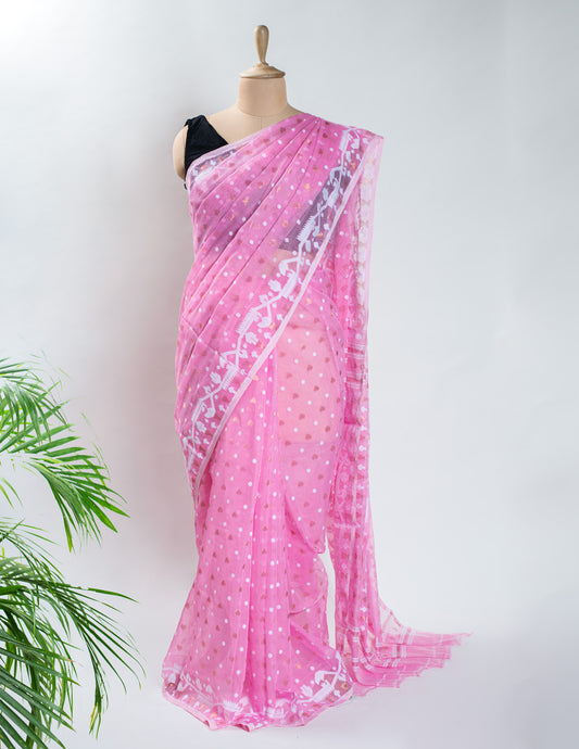 Pink Cotton Soft Jamdani Handloom Saree