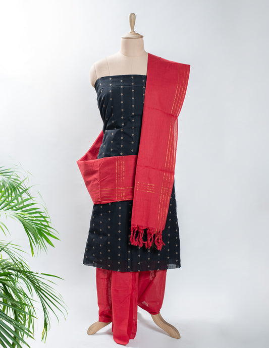 Black Woven Cotton Handloom Unstitched Suit