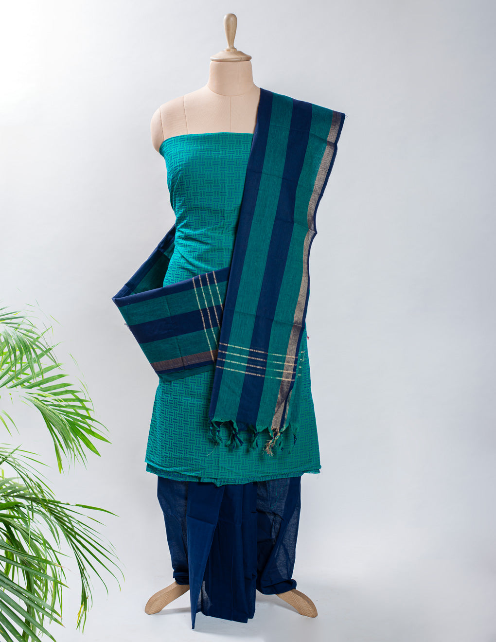 Green Cotton Handloom Jacquard Unstitched Suit