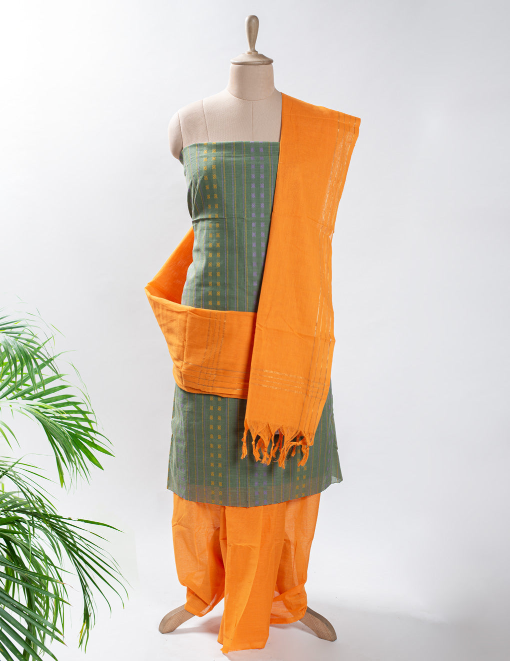 Green Woven Cotton Handloom Unstitched Suit