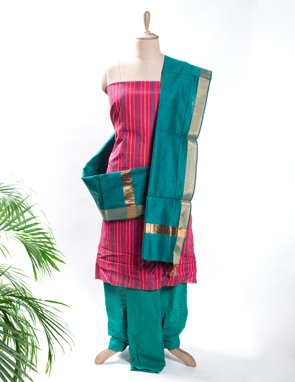 Magenta Cotton Handloom Jacquard Unstitched Suit