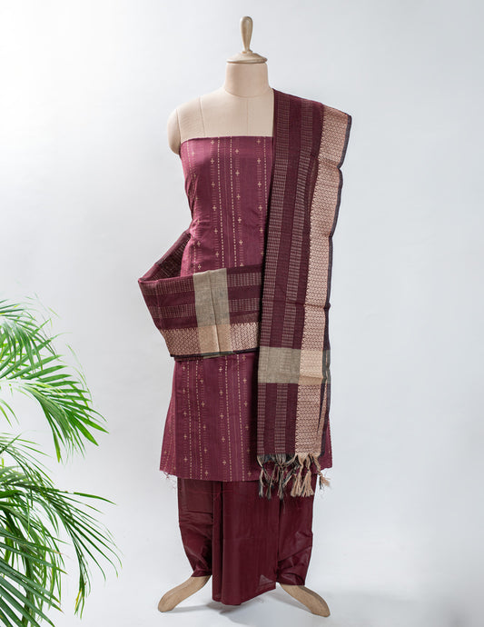 Maroon Cotton Jacquard Unstitched Suit