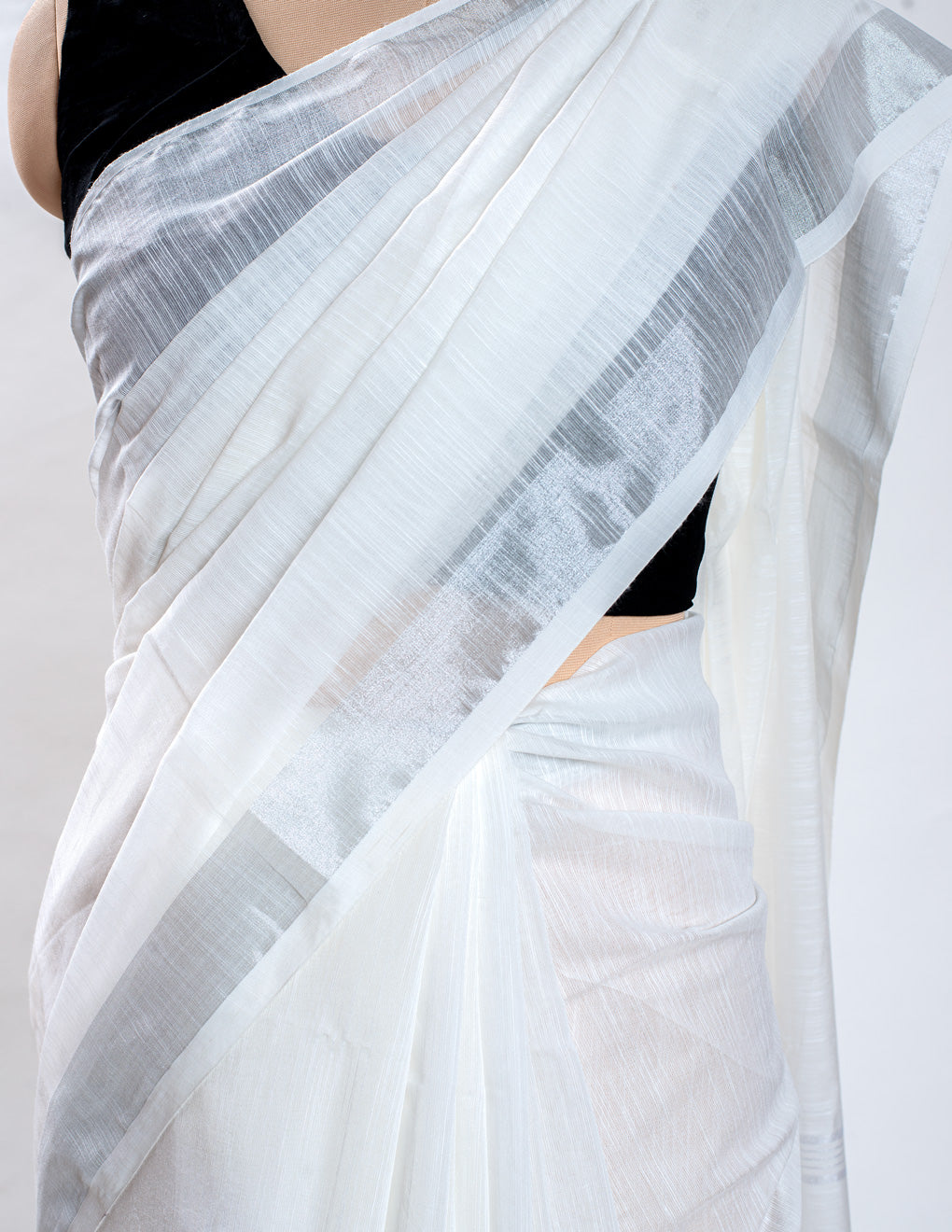 White Plain Linen Handloom Saree