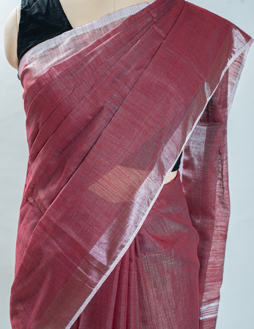 Maroon Plain Linen Handloom Saree