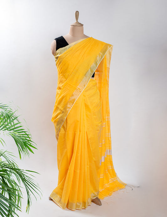 Yellow Plain Linen Handloom Saree