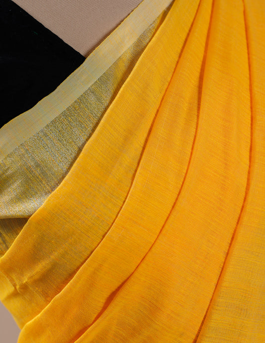 Yellow Plain Linen Handloom Saree