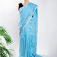 Sky Blue Plain Linen Handloom Saree