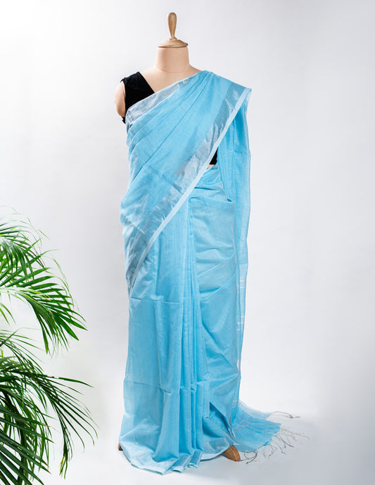 Sky Blue Plain Linen Handloom Saree