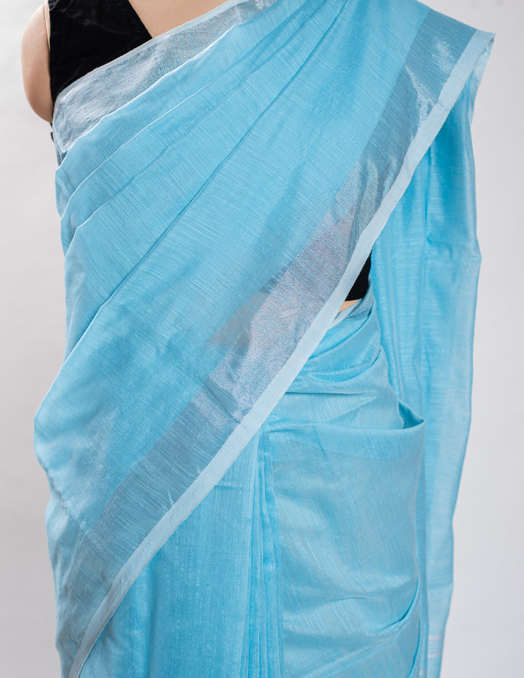 Sky Blue Plain Linen Handloom Saree