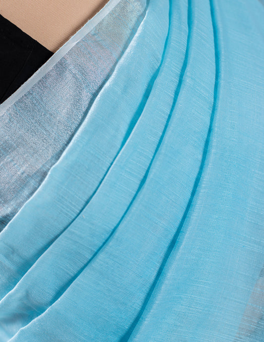 Sky Blue Plain Linen Handloom Saree