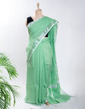 Green Plain Linen Handloom Saree