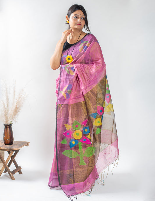 Magenta Handloom Muslin Tissue Jamdani Saree