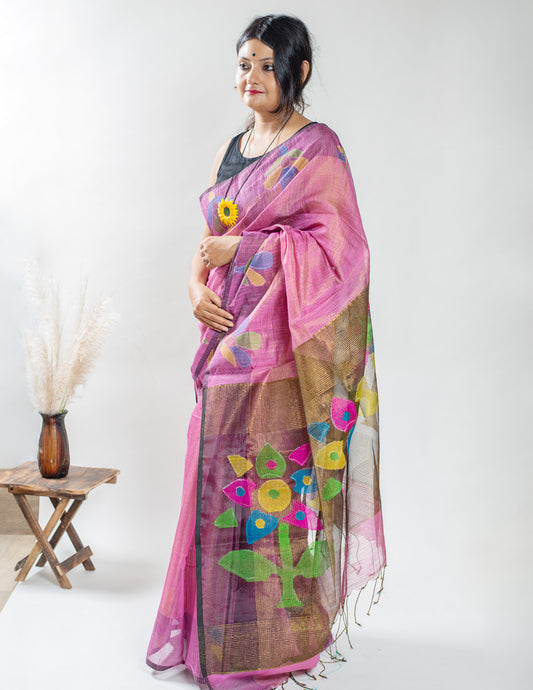 Magenta Handloom Muslin Tissue Jamdani Saree