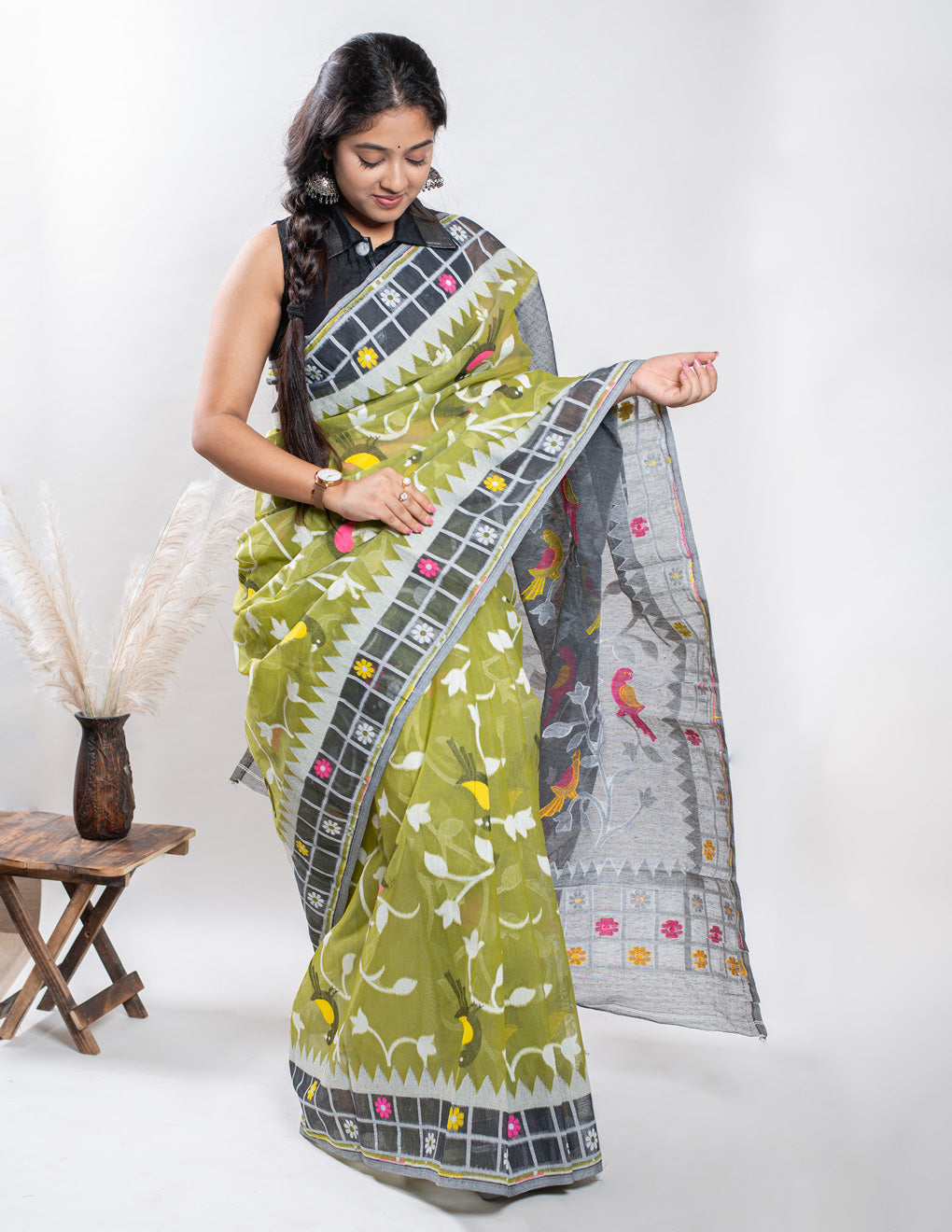 Green Handloom Pure Cotton Jamdani Saree