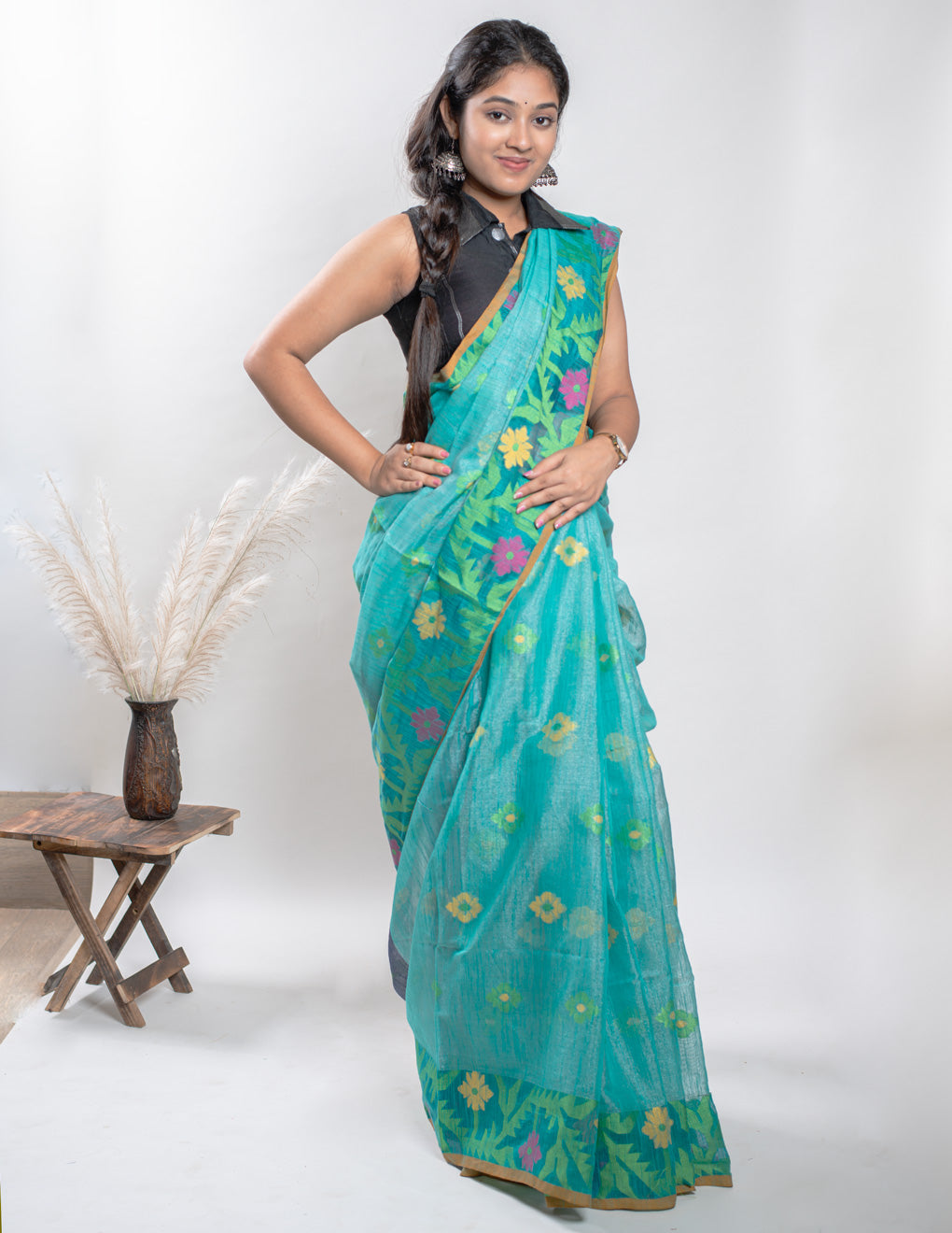 Sea Green Handloom Cotton Tissue Jamdani Saree