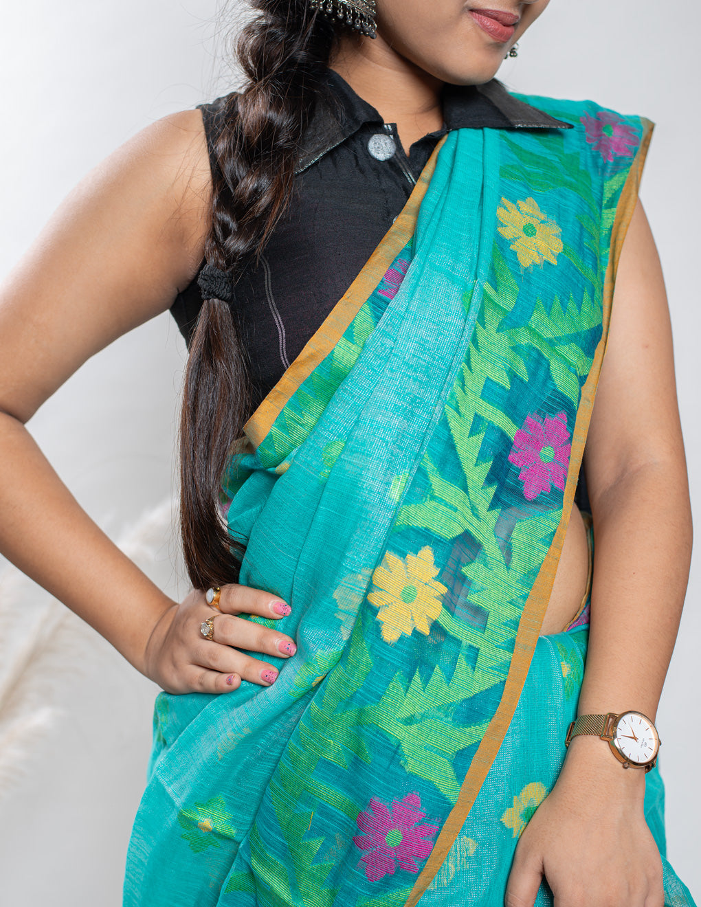 Sea Green Handloom Cotton Tissue Jamdani Saree