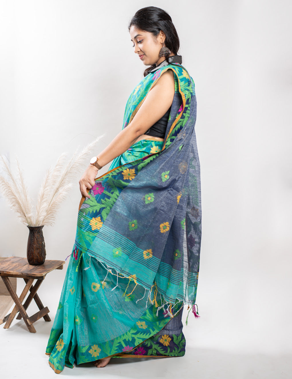 Sea Green Handloom Cotton Tissue Jamdani Saree