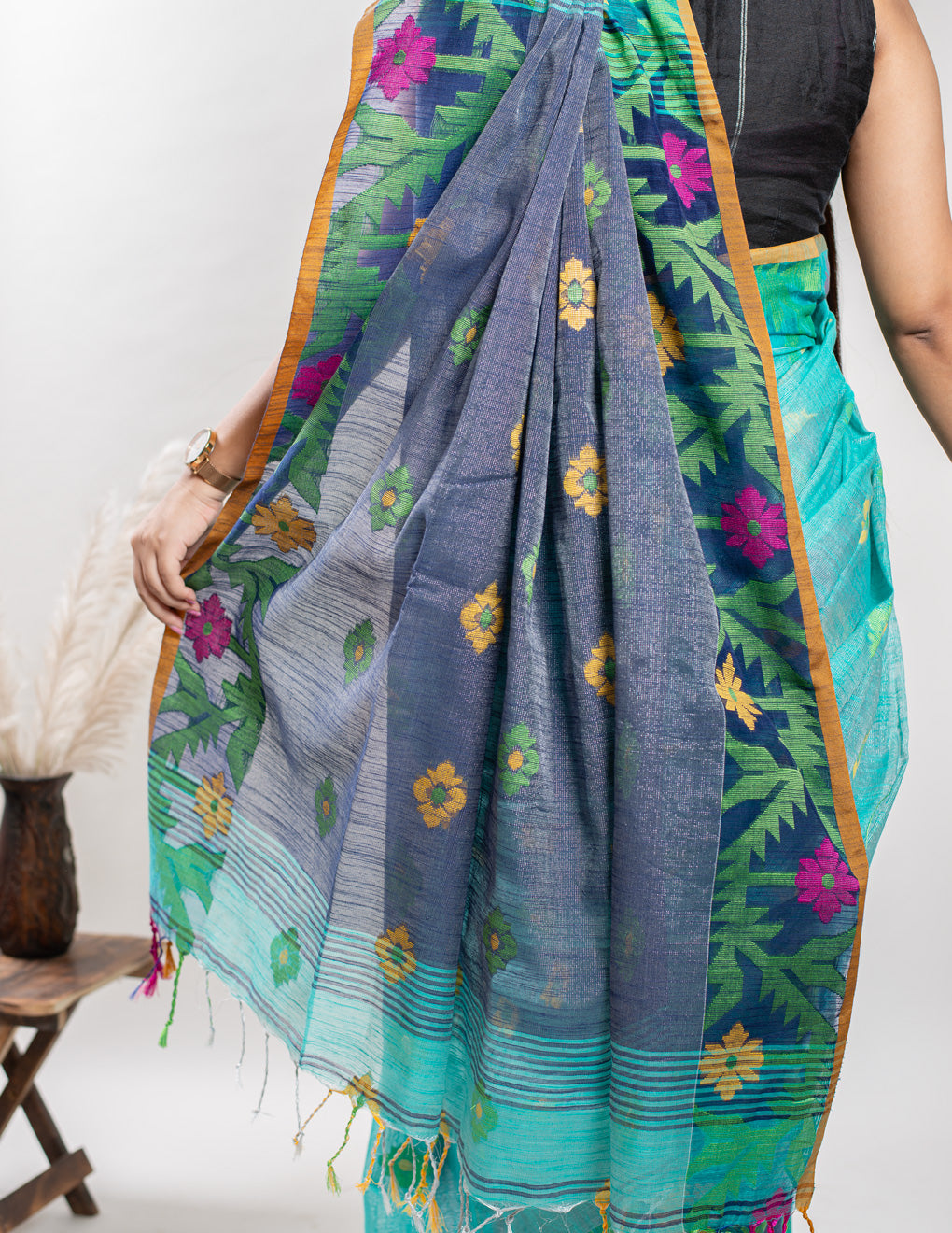 Sea Green Handloom Cotton Tissue Jamdani Saree