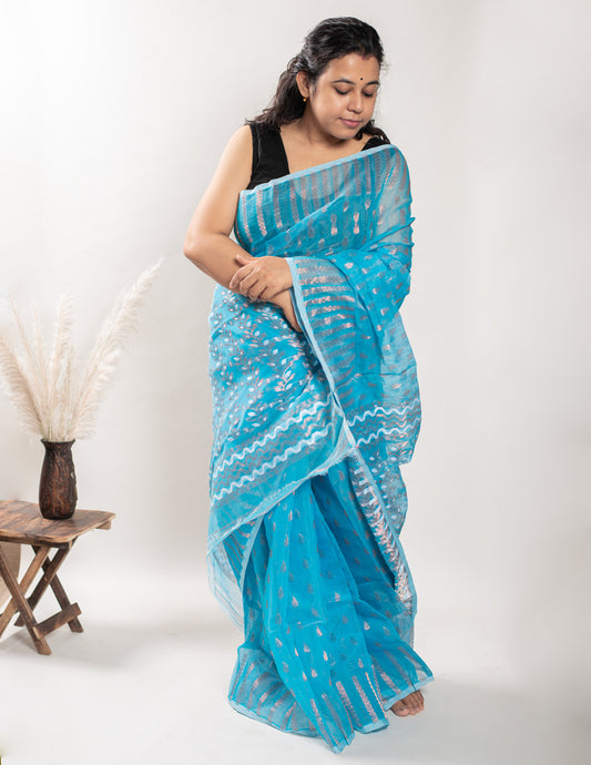 Blue Handloom Cotton Soft Jamdani Saree