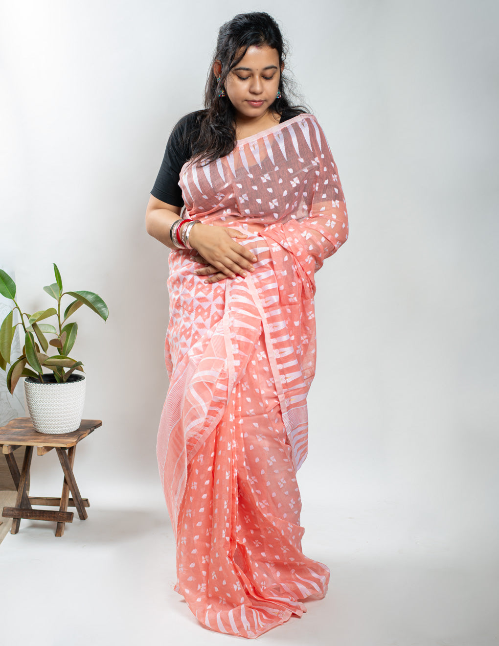 Salmon Handloom Cotton Soft Jamdani Saree