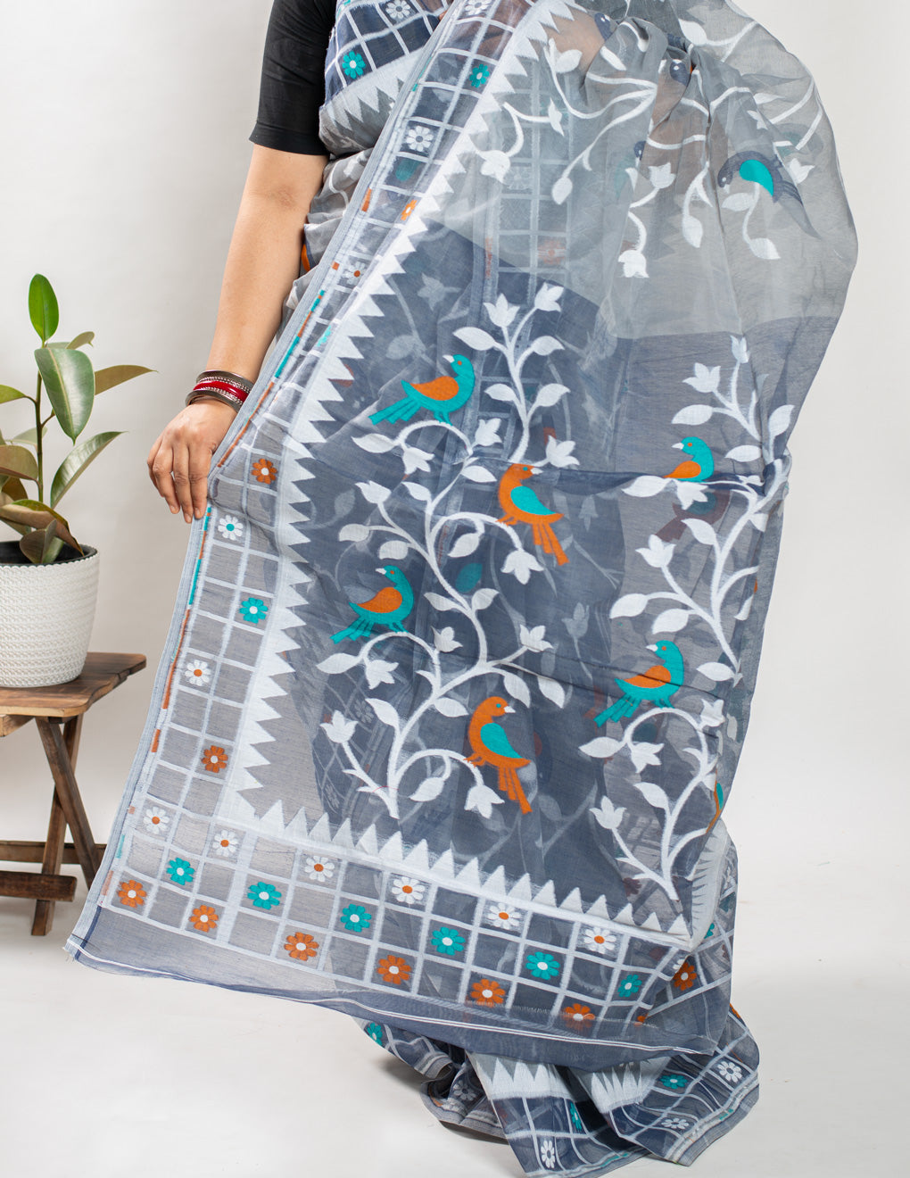 Grey Handloom Pure Cotton Jamdani Saree