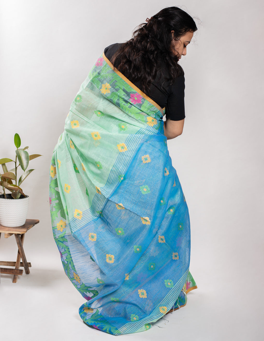 Green Handloom Muslin Tissue Jamdani Saree