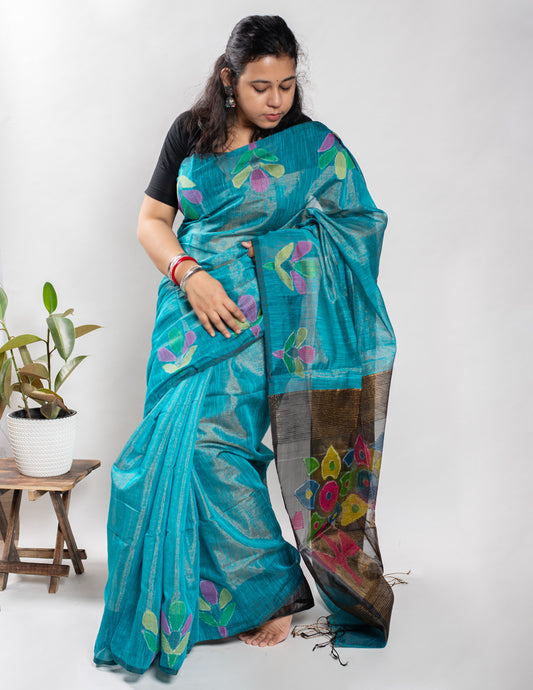 Blue Handloom Muslin Tissue Jamdani Saree