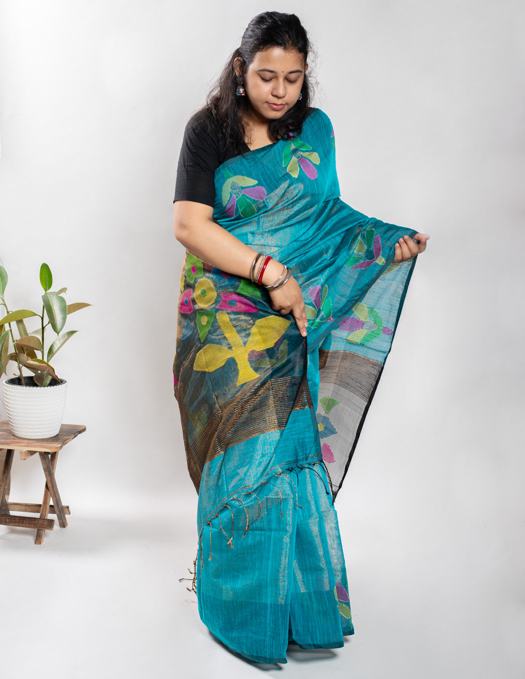 Blue Handloom Muslin Tissue Jamdani Saree