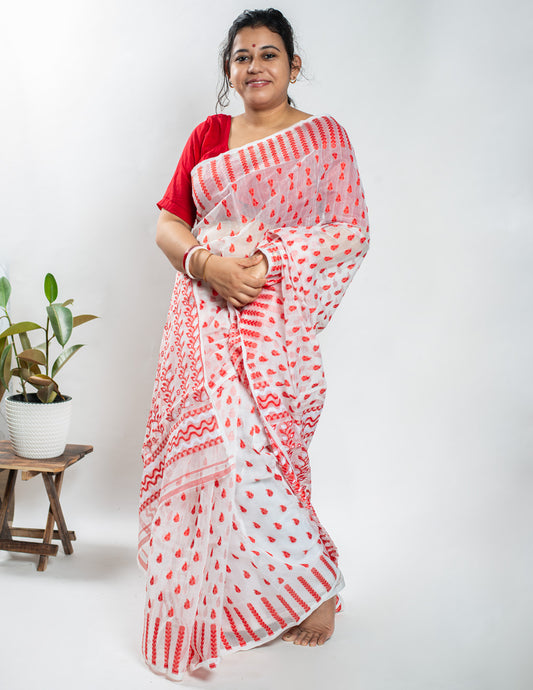 White & Red Handloom Cotton Soft Jamdani Saree