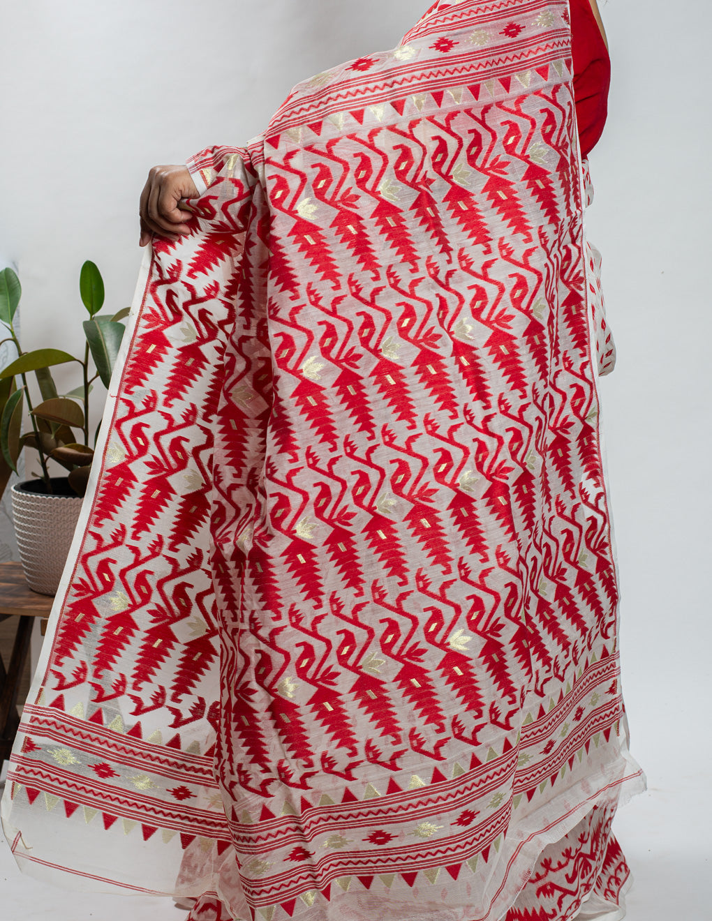 White & Red Handloom Cotton Soft Jamdani Saree